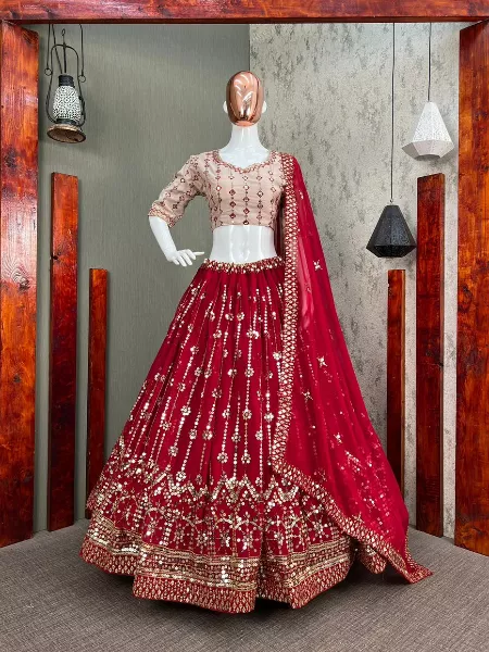 Red Color Sequence Work Georgette Lehenga Choli With Dupatta