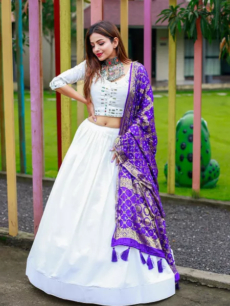 White Color Navaratri Lehenga Choli With Real Mirror Handwork Blouse Ready to Wear Lehenga Choli