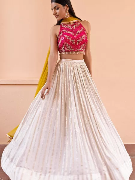 White and Pink Georgette Lehenga Choli in Sequins and Thread Embroidery Work
