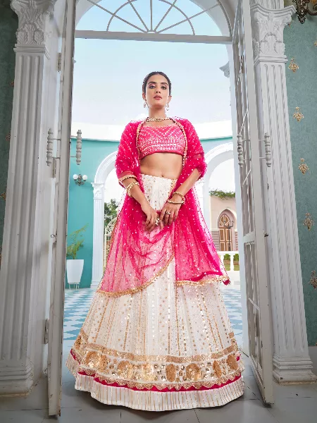 Indian Wedding Lehenga Choli in White and Pink Bridal Lehenga Choli With Dupatta