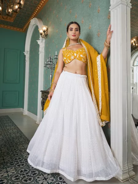 Indian Wedding Lehenga Choli in White and Yellow Bridal Lehenga Choli With Dupatta