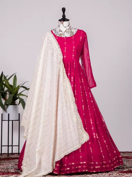 Pink Color Designer Sequence Embroidery Gown With Dupatta for Wedding and Function