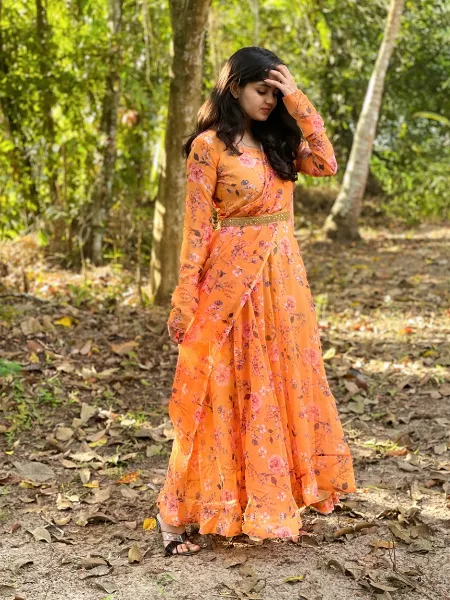 Orange Color Party Wear Georgette Gown With Digital Print