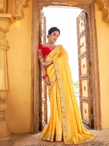 Yellow Color Indian Wedding Saree in Vichitra Silk With Heavy Embroidery and Blouse