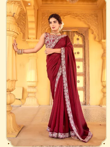 Maroon Color Indian Wedding Saree in Vichitra Silk With Heavy Embroidery and Blouse