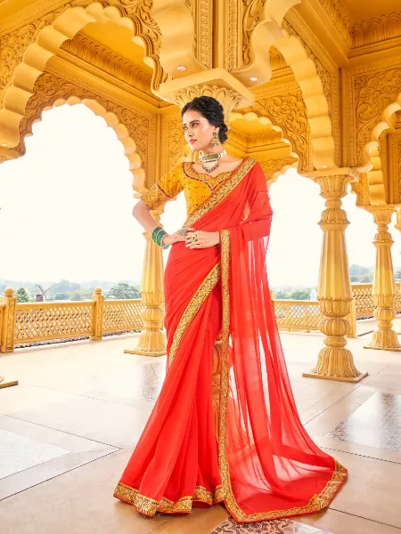 Tomato Color Indian Wedding Saree in Georgette With Heavy Embroidery and Blouse