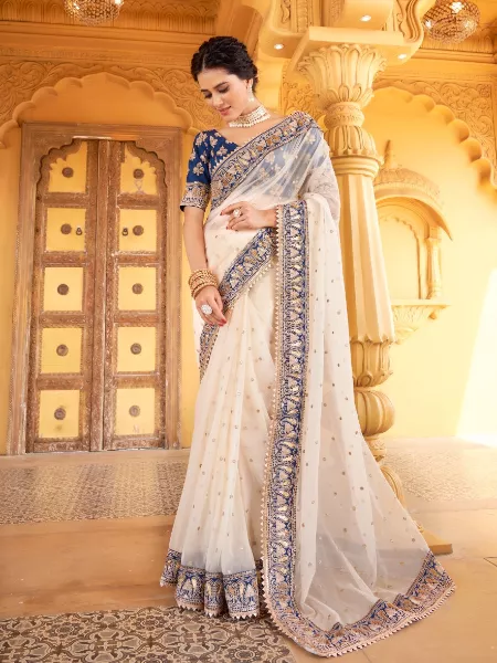 Cream Color Indian Wedding Saree in Organza Net With Heavy Embroidery and Blouse