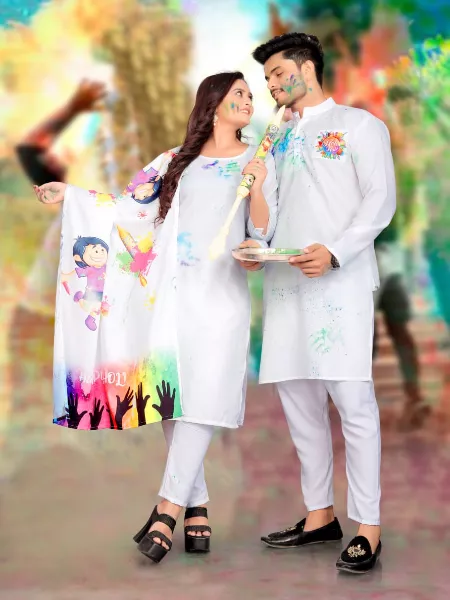 Holi Indian Couple Combo for Holi Festival in Cotton With Dupatta Holi Kurta for Men