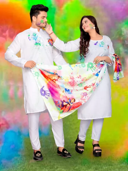 Holi Indian Couple Combo for Holi Festival in Cotton With Dupatta Holi Kurta for Men