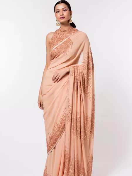 Peach Color Party Wear Look Bollywood Saree With Sequins Work Saree and Blouse