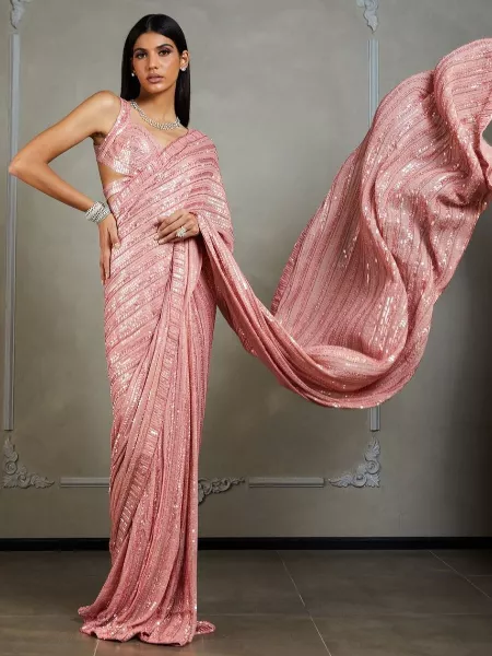 Light Pink Color Party Wear Look Bollywood Saree With Sequins Work Saree and Blouse