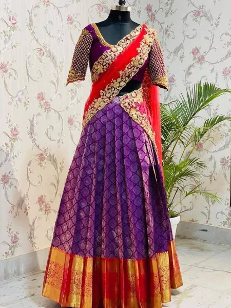 Purple Color South Indian Half Saree Lehenga Choli With Pavadai Thavani
