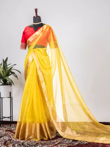 Indian Traditional Saree in Yellow Color Organza Chex Fabric With Blouse