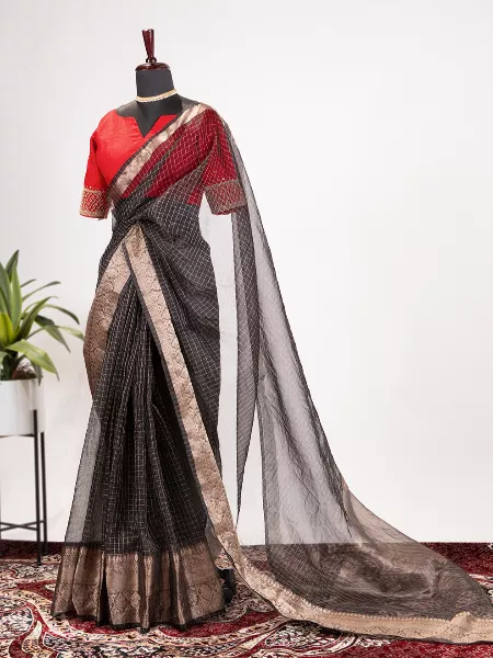 Indian Traditional Saree in Black Color Organza Chex Fabric With Blouse