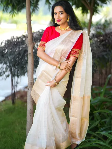 Indian Traditional Saree in White Color Organza Chex Fabric With Blouse