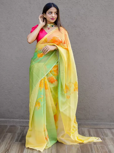 Lemon Yellow Organza Saree With Floral and Foil Print With Blouse