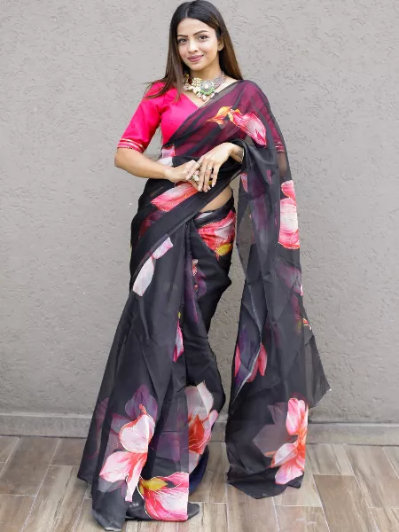 Black Organza Saree With Floral and Foil Print With Blouse