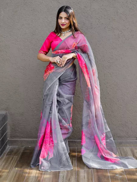 Grey Organza Saree With Floral and Foil Print With Blouse
