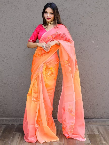 Orange Organza Saree With Floral and Foil Print With Blouse