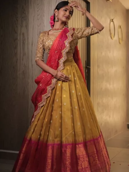 South Indian Wedding Half Saree Lehenga in Gold With Copper Zari Weaving