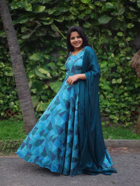 Beautiful Silk Anarkali in Sky Blue With Organza Dupatta