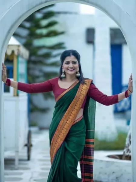Green Color Aura Silk Saree With Contrast Pallu and Blouse Indian Bridesmaid Saree