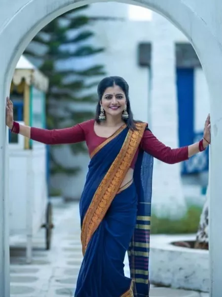 Navy Blue Color Aura Silk Saree With Contrast Pallu and Blouse Indian Bridesmaid Saree