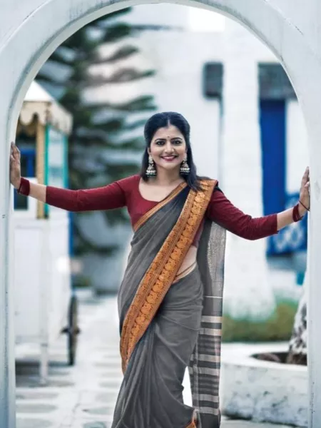 Grey Color Aura Silk Saree With Contrast Pallu and Blouse Indian Bridesmaid Saree