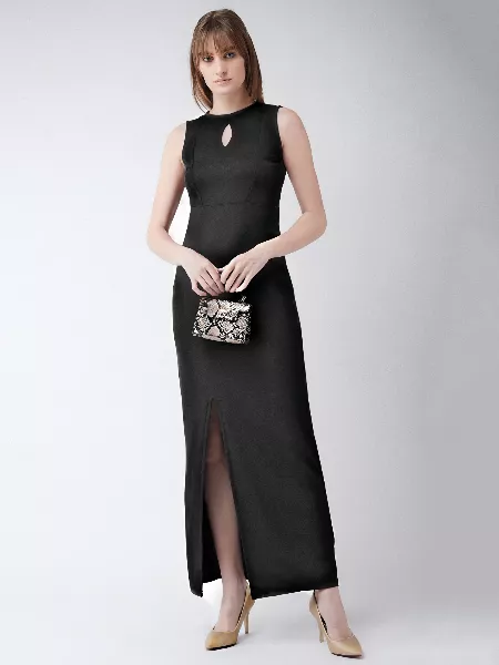 Black Color Polyester Lycra Bodycon Western Dress With Keyhole Neck