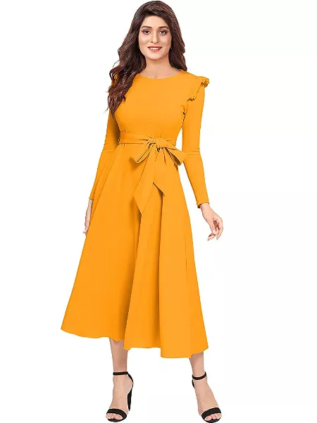 Mustard Spandex Polyester Western Dress With Round Neck and Waist Belt