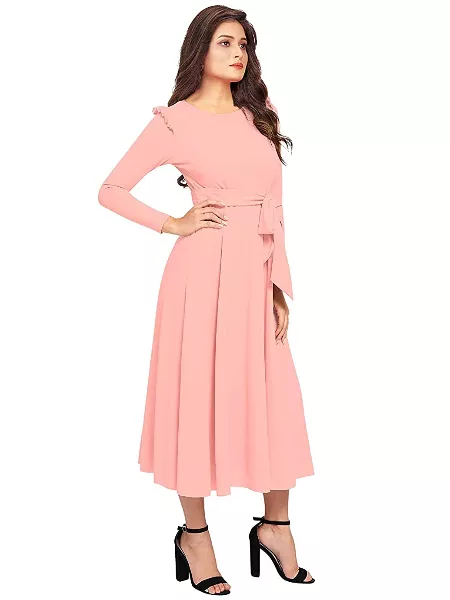 Light Pink Spandex Polyester Western Dress With Round Neck and Waist Belt