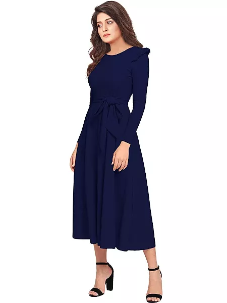 Navy Blue Spandex Polyester Western Dress With Round Neck and Waist Belt