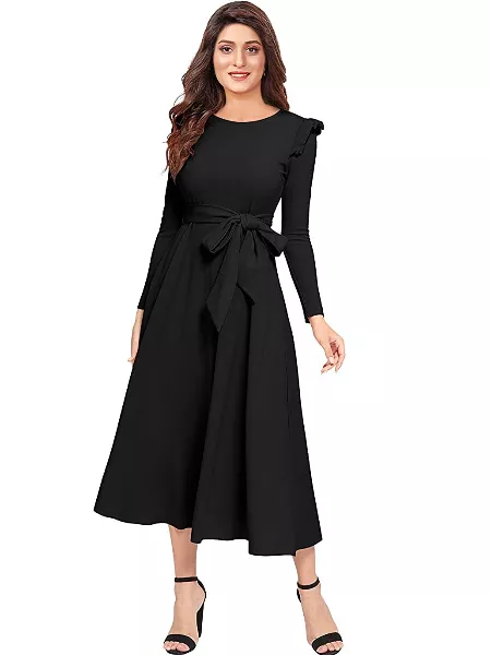 Black Spandex Polyester Western Dress With Round Neck and Waist Belt