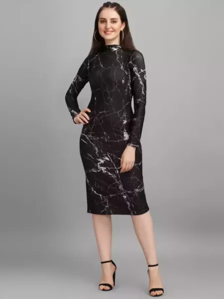 Bodycon Western Dress in Black Lycra With Digital Print and Turtle Neck