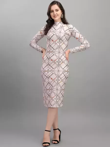 Bodycon Western Dress in Light Pink Lycra With Digital Print and Turtle Neck
