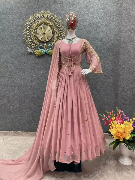 Dusty Pink Color Designer Bollywood Anarkali Dress With Embroidery and Dupatta