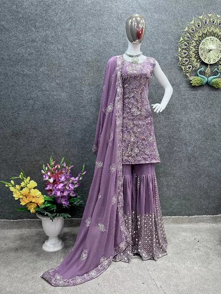 Lavender Color Designer Sharara Suit With Heavy Embroidery and Sequence Work