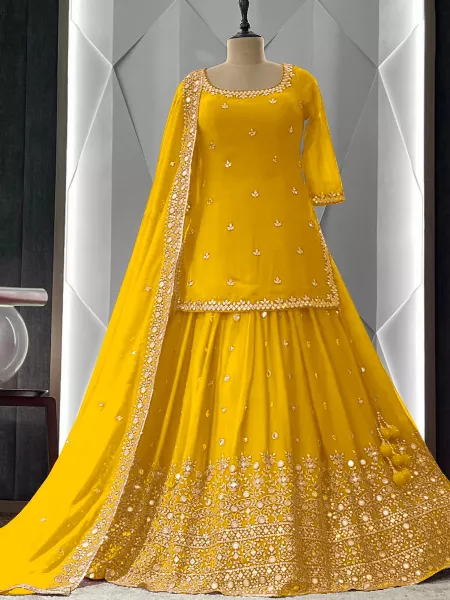 Yellow  Pakistani Indo Western in Georgette With Sequence Real Mirror Work Haldi Indo Western 