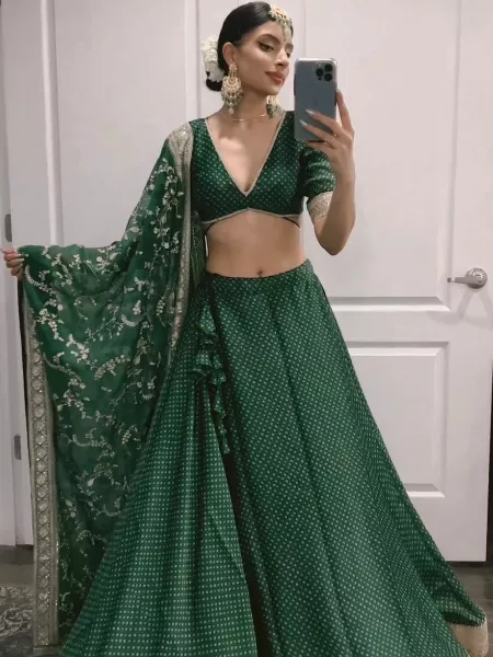 Indian Bridal Lehenga Choli in Green With Bandhani Dot Print and Embroidery
