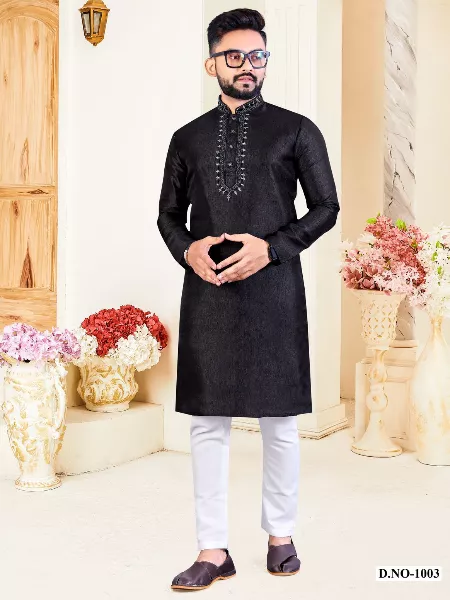 Mens Traditional Kurta in Black Color Silk Fabric With Neck Resham Work