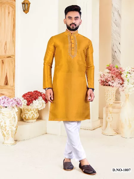 Mens Traditional Kurta in Mustard Color Silk Fabric With Neck Resham Work