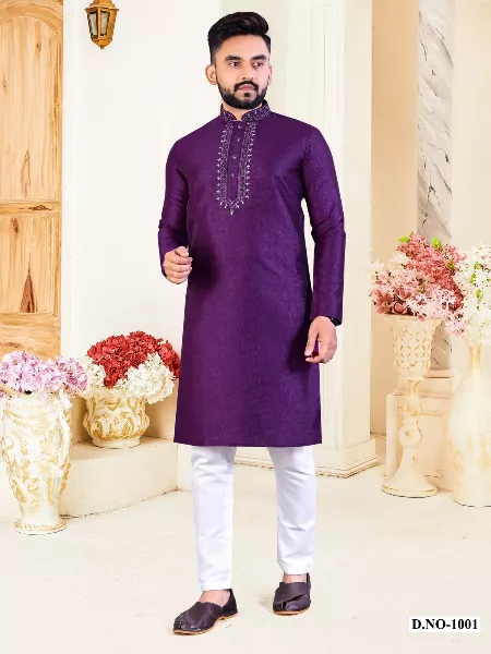 Mens Traditional Kurta in Wine Color Silk Fabric With Neck Resham Work