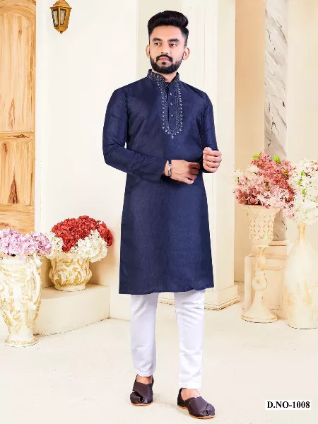 Mens Traditional Kurta in Blue Color Silk Fabric With Neck Resham Work