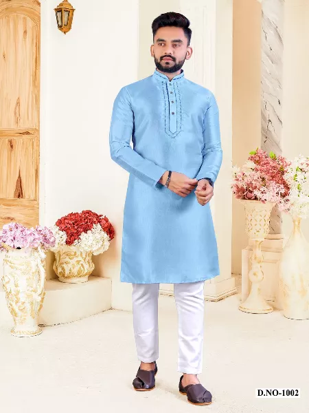Mens Traditional Kurta in Sky Blue Color Silk Fabric With Neck Resham Work