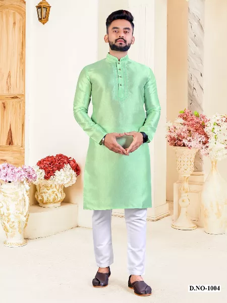 Mens Traditional Kurta in Light Green Color Silk Fabric With Neck Resham Work