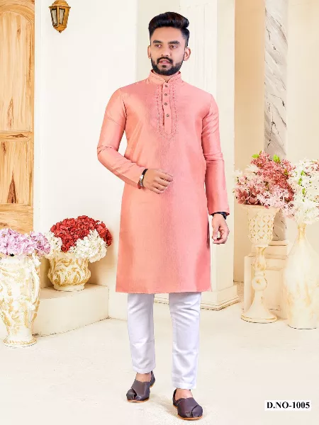 Mens Traditional Kurta in Peach Color Silk Fabric With Neck Resham Work