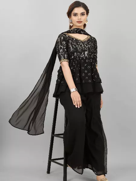Black Color Party Special Sharara Suit With Dupatta and Heavy Sequence Work