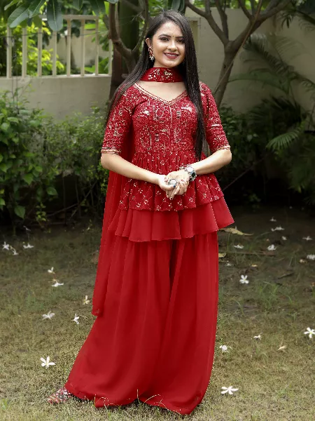 Red Color Party Special Sharara Suit With Dupatta and Heavy Sequence Work