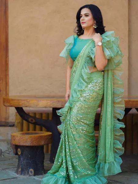 Pista Heavy Sequence Embroidery Work with Ruffle Party Wear Saree with Blouse