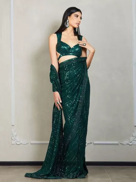 Bottle Green Georgette Saree With Sequence Embroidery Work and Blouse